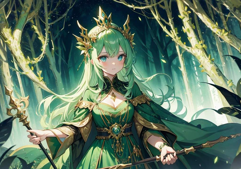 Create a princess surrounded by a mystical forest, dressed in a flowing, dark emerald gown with intricate gold patterns. Her eyes glow with ancient wisdom, and she holds a staff adorned with glowing runes, capturing the essence of an underground ritual