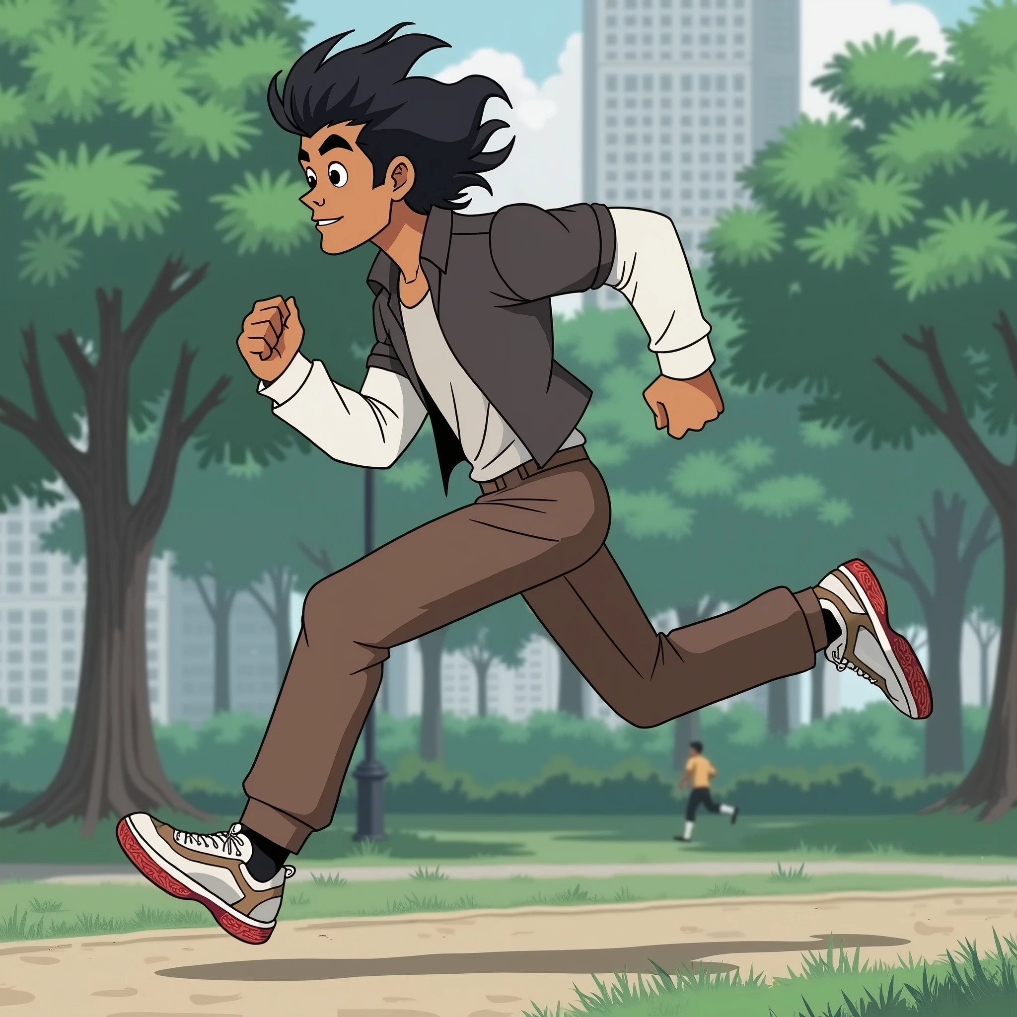 He is a dark-skinned man with wavy hair who is running in a park dressed in a white t-shirt, brown pants, and white and brown shoes.