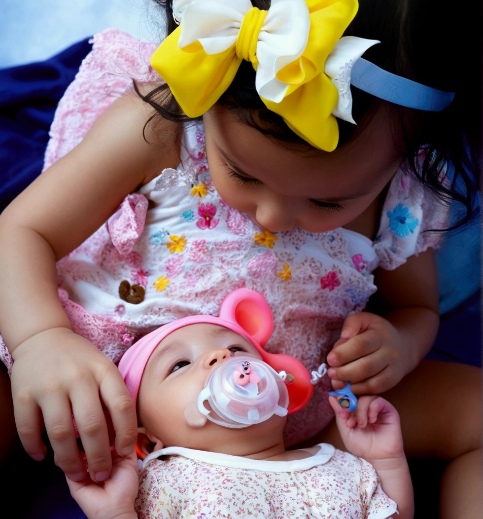 Turn this picture of my babies into a drawing, Disney  style, one is with a pacifier, stay as close as possible to the original photo.
