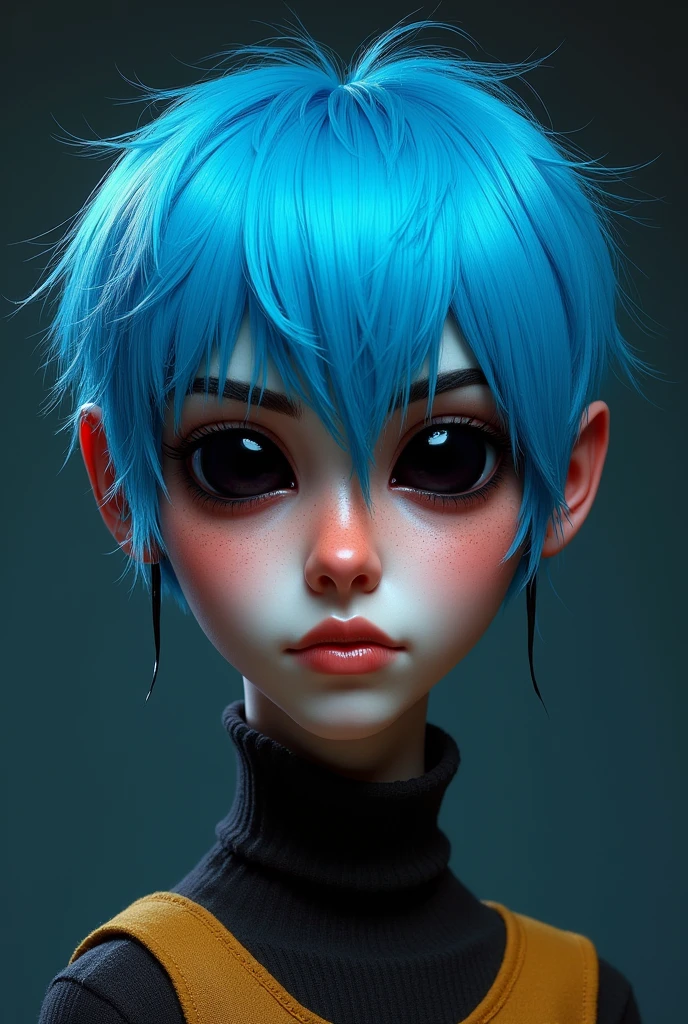 2d, Gorillaz band, blue hair, completely black eyes,