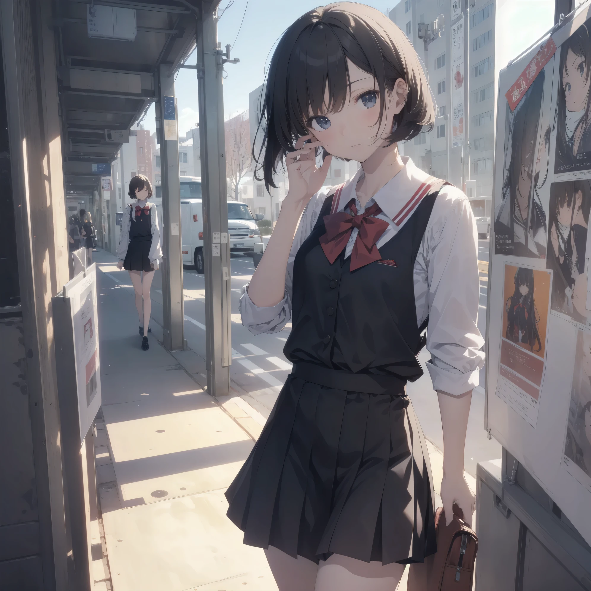 ultra-absurdres-Top quality by artist God, ultra-detailed, high resolution, anime moe artstyle, best anime 8k konachan wallpaper, pixiv contest winner, pool:2810, perfect anatomy,break, 1girl, (Please draw a girl walking sleepily to school alone. )break,(Solo,little female,:1.3),Full limbs, ,a junior high school student, (very short hair), short cut, flat chest, , small butt, small black eyes, beautiful detailed eyes, well-proportioned iris and pupils, expressive eyes, highres detailed hair, soft expression, salor school_uniform, sailor collar, serahuku, bow, pleated skirt,(Detailed Lighting), (Detailed background), in the School commute route. break,super detailed skin, Best cinematic lighting powered by famous artist, 8k,beauty illustration,photoshop_(medium),very aesthetic,break,((artist:takeuchi_takashi )), artist:clamp ,artist:carnelian ,artist:kantoku ,