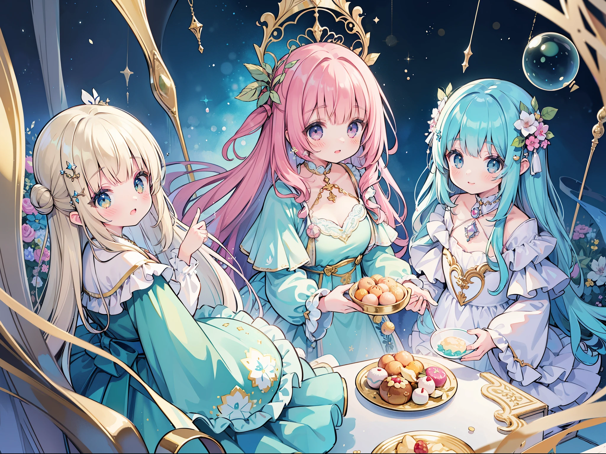 masterpiece, best quality, 8k resolution, sharp focus, intricate detail, beautiful 3girls, sparkling eyes, golden ratio face, otherworldly liquid, watercolor, pastel colors, bright colors, whimsical, colorful, sharp focus, high resolution, fine detail, ((layered tiered puffy long sleeves ballgown)), ((round eyes)), iridescent bubbles, fantasia background