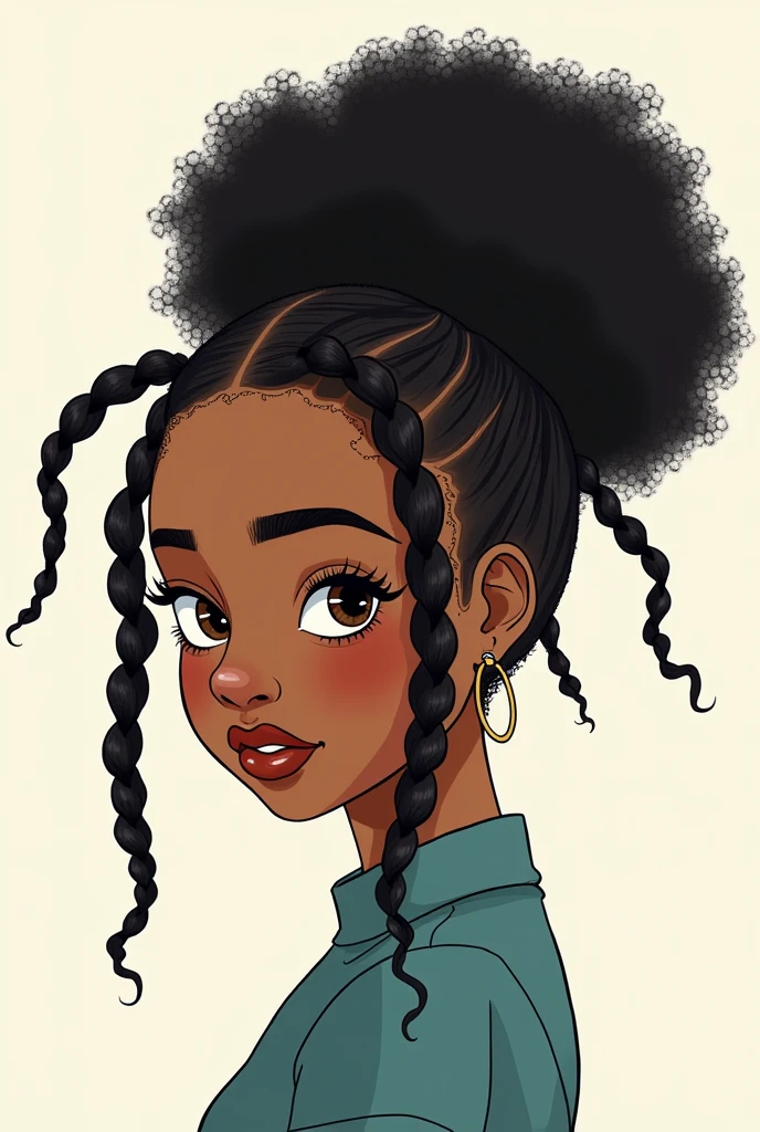 create a minimalist colored drawing of a  girl with afro and braided hair 