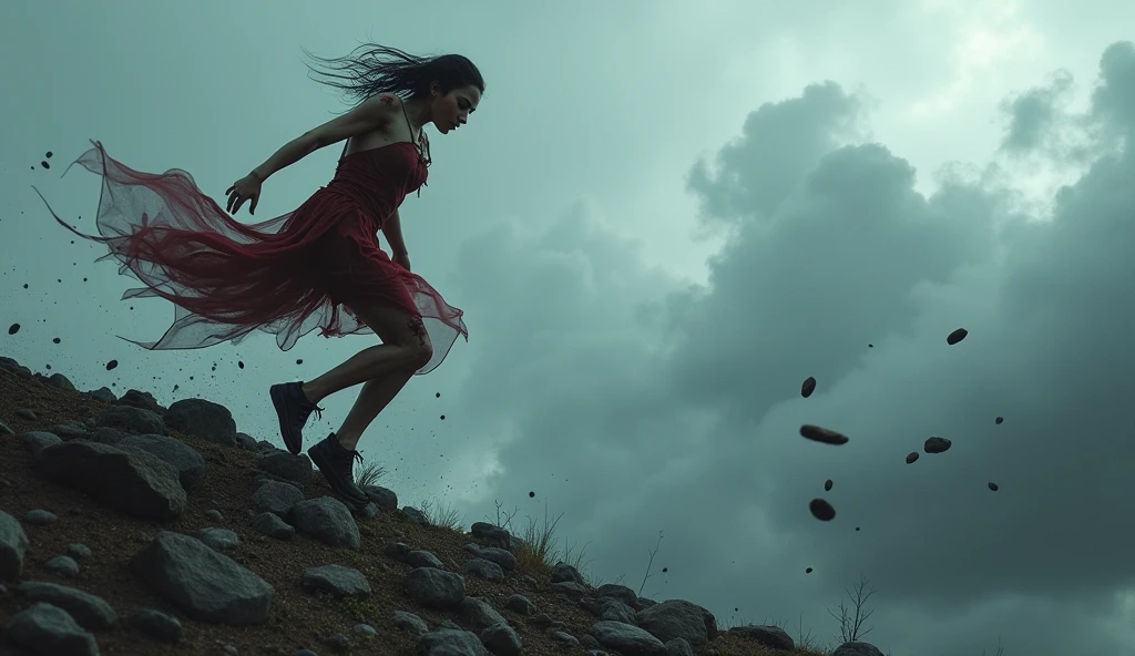 (image of a woman climbing a small hill), (falling stones), (dramatic gray sky), (woman with torn and bleeding clothes) determined expression, hair in the wind, earthy tones, rough terrain, dark environment, feeling of struggle, (dynamic movement), ultra-detailed and atmospheric lighting, high energy, the cold brute force of nature, evocative and intense.
