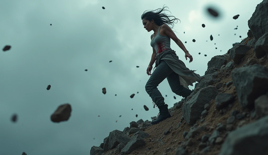 (image of a woman climbing a small hill), (falling stones), (dramatic gray sky), (woman with torn and bleeding clothes) determined expression, hair in the wind, earthy tones, rough terrain, dark environment, feeling of struggle, (dynamic movement), ultra-detailed and atmospheric lighting, high energy, the cold brute force of nature, evocative and intense.