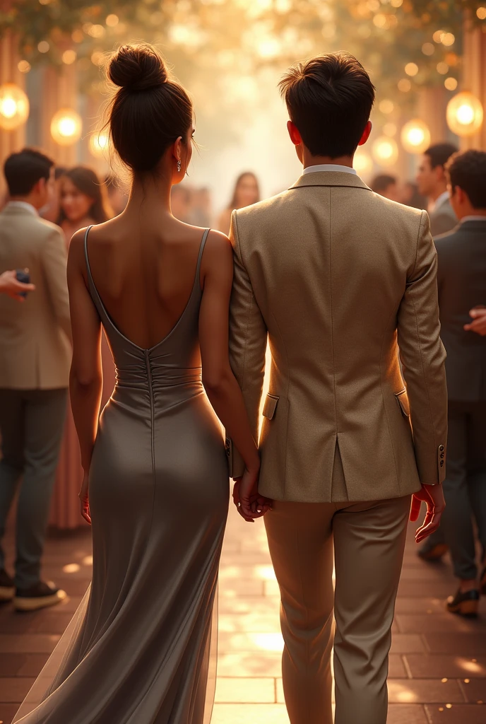 A couple holding hands walking into a party, she is brunette, hair tied up elegantly and a beautiful gray shiny dress. He is wearing a light beige silk blazer, with textures.
