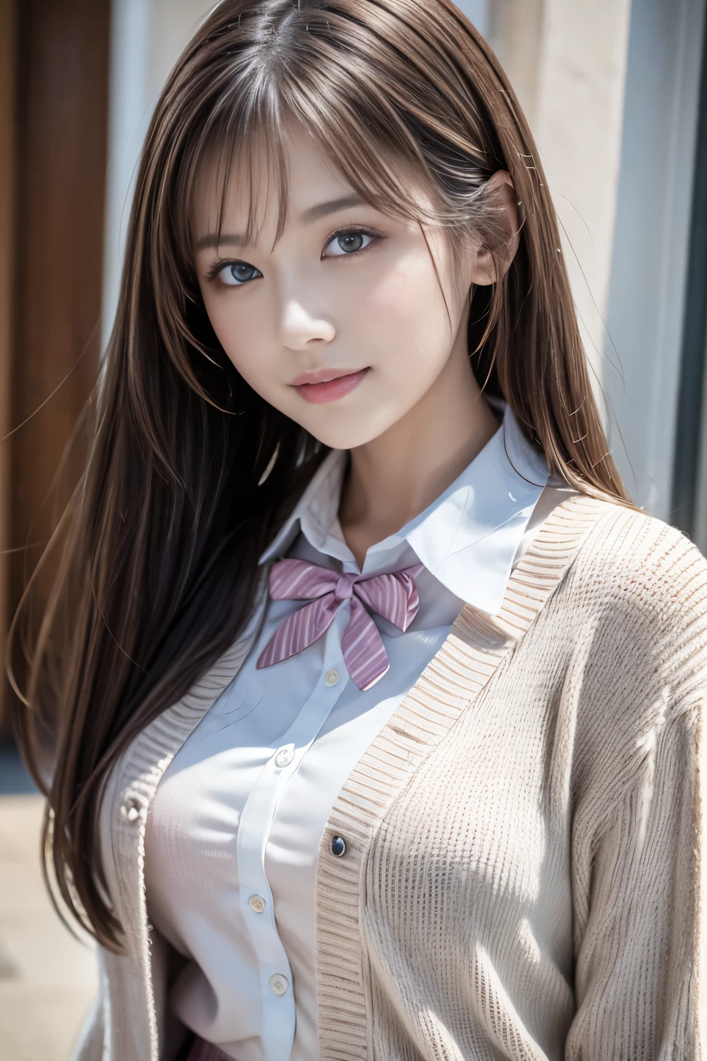 超High resolution, Highest quality, Realistic, masterpiece, detailed, High resolution,  8k, Raw photo:1.5, cute, {{1 female, white}}, View your viewers, Hazel Eyes, 超High resolution,非常にdetailed, Brown Hair, Pink clothes,uniform, high school girl, Soft skin texture,Soft and sexy lips, Happy, whole body