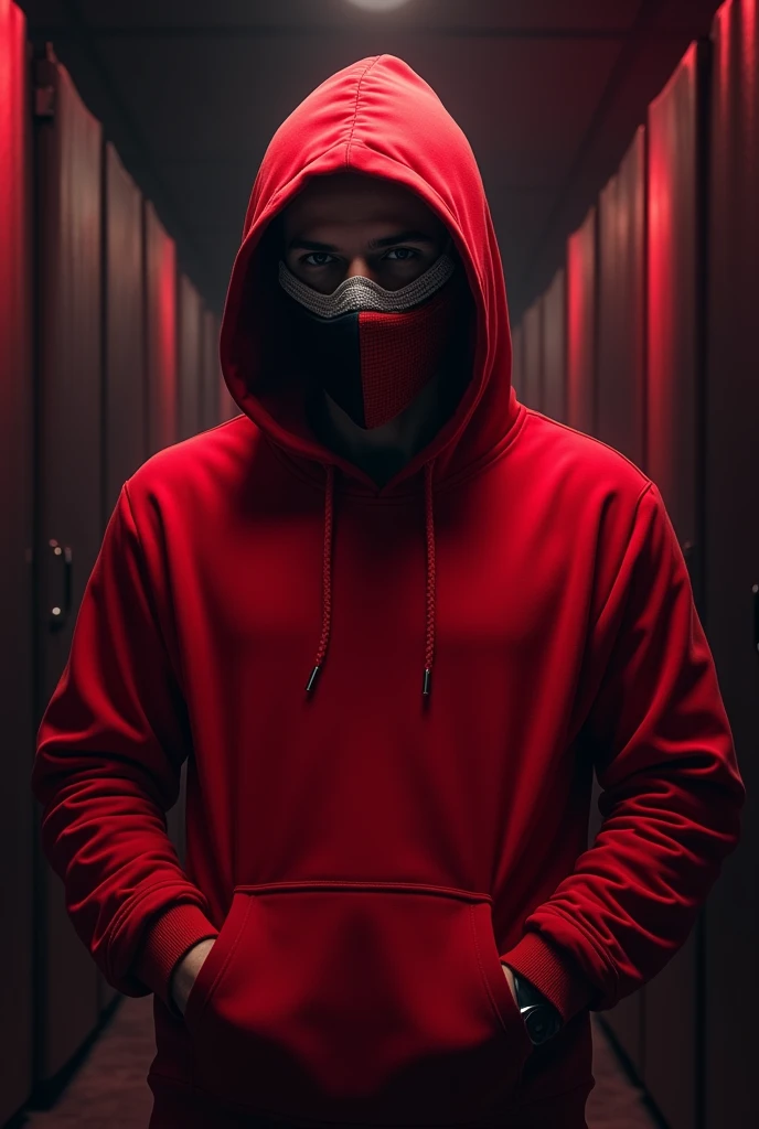 Image of a man in a red hooded sweatshirt , The background should be dark combined with red, It must be realistic and the character must have a classroom of the elite ayanokoji mask