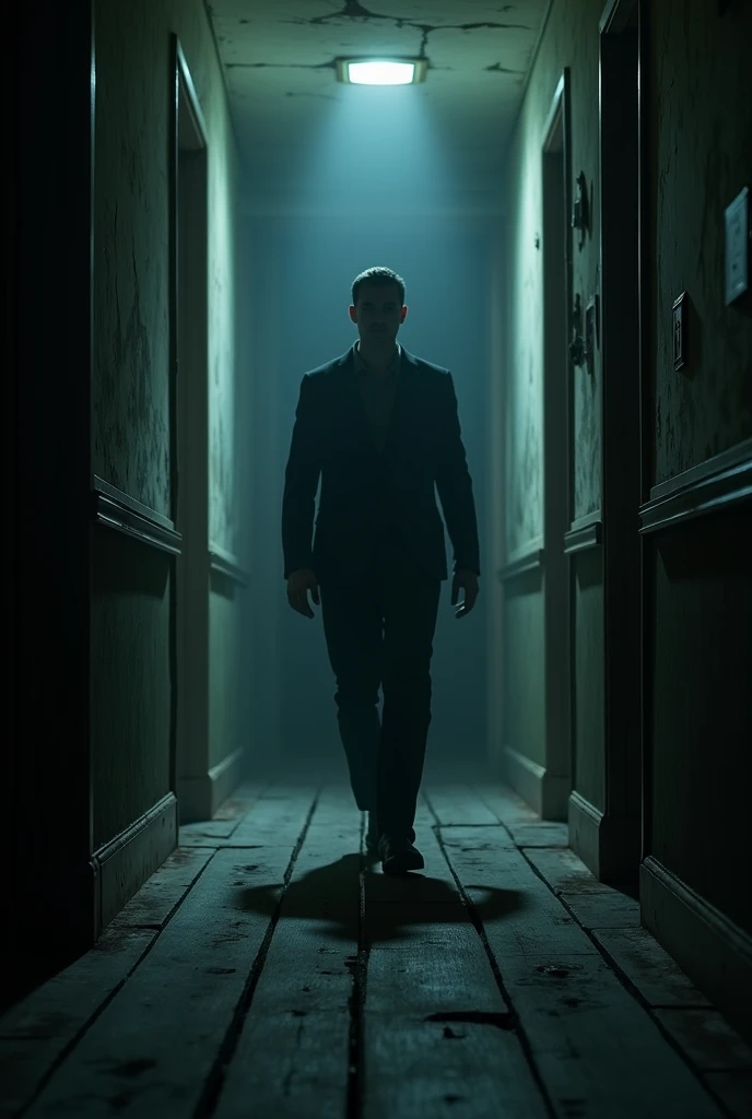 A figure of a man in the dark walking down the hallway