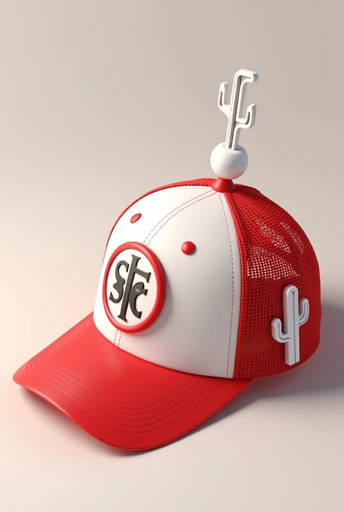 A red and white mesh cap on the back , CT Tumor Corticos Logo ,with a small cactus on the back and a white pin that says SC