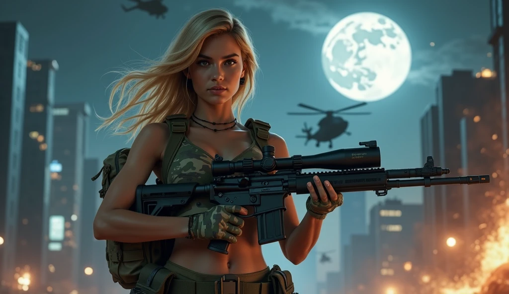 Realistic、Realistic、Realistic skin texture、Photo quality、High resolution、High resolution、Beautiful Arabian Girl、The upper body is wearing a camouflage bra top..、Manhattan night view、1 very beautiful female soldier、Carrying a military backpack、Wearing a bulletproof vest、Aiming an automatic rifle、Realisticなスナイパーライフルを構えた状態、Blond medium-long hair blowing in the wind、Wearing an intercom headset、Young Face、Military helicopter flies in the sky、The background is a skyscraper district、smoky battlefield、The background is the night sky、Huge full moon in the center of the sky、The person is a full-body angle、Observe the audience