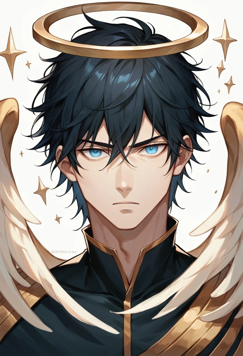 ((Masterpiece)), (semirealistic anime style), ((cel shading)), (one man), man, adult, looking at viewer, angel, black hair, blue eyes, dark robes with gold accents, spiked halo, simple background, dramatic lighting