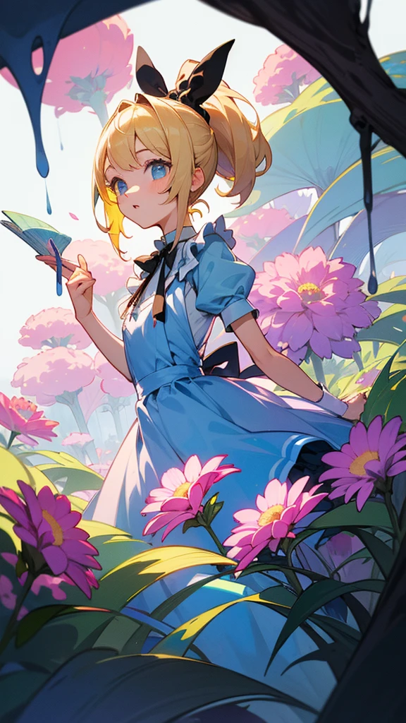 high resolution、Perm blonde、ponytail、Black ribbon on head、simple light blue dress、White frills on the skirt。
A girl like Alice in Wonderland。Colorful large flowers々、illustration fantasy world!One girl, Overall colorful!