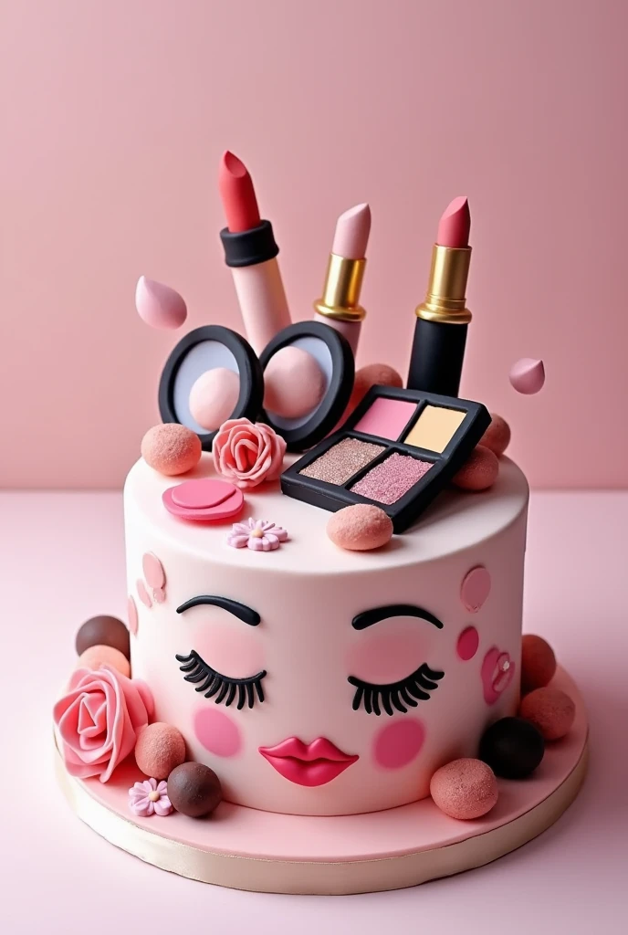 Design me a cake made from elastic dough with a makeup theme that is aesthetic 