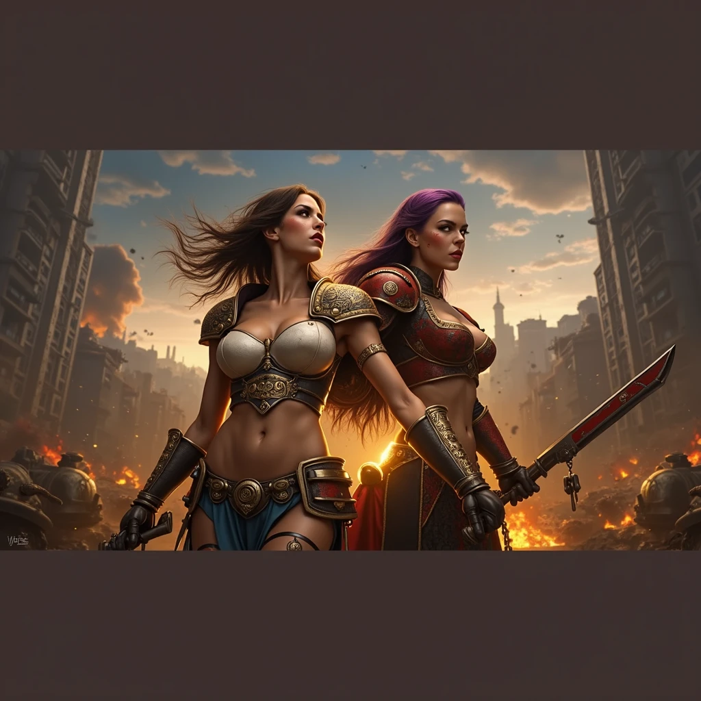 Full body pose sexy sisters of battle from the warhammer 40k, shooting at the enemy, white armor with intricate details, red armor with intricate details, religous symbols on the armor, sisters of battle, warhammer 40k, Massive silicone breast, pale skin, seductive, temptation, eat your soul, clevage, long flowing black hair with purple highlights, heavy gothic makeup, at night, neon, beautiful detailed eyes, beautiful detailed lips, extremely detailed eyes and face, long eyelashes, highly detailed armor, intricate futuristic weaponry, dramatic lighting, cinematic composition, muted color palette, gritty and realistic, mecha, science fiction, hyper-detailed, photorealistic, award winning digital art, 8k, HDR, masters work, in the middle of a battle field, full body combat action pose, explosions and fire around, full war, stunning, Stilleto heels, high heels, full body pose, cinematic, movie trailer, final stand!, nemesis, ready to strike, dust and debree, combat screams, attacking, shooting at the enemy, running forward, last line of defense, charging, fanatic, religious, templar knights, sisters of battle, warhammer 40k