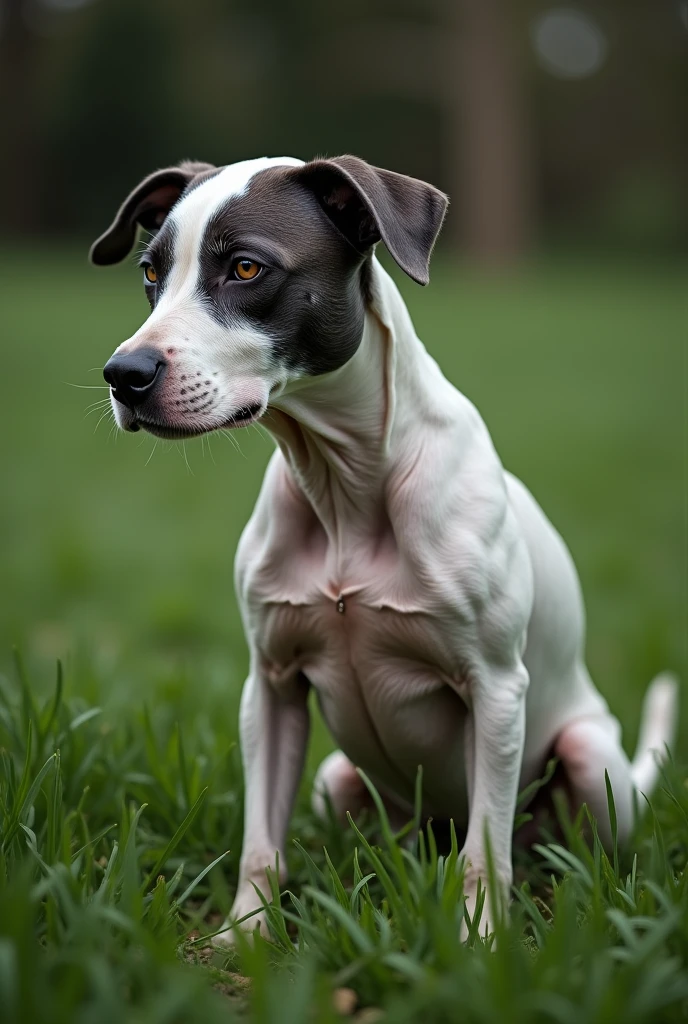 A white and dark gray American Staffordshire terrier dog  is standing on her side with swollen breasts so thin that her bones can be seen, standing on green grass, she is standing on her side and her breasts are visible