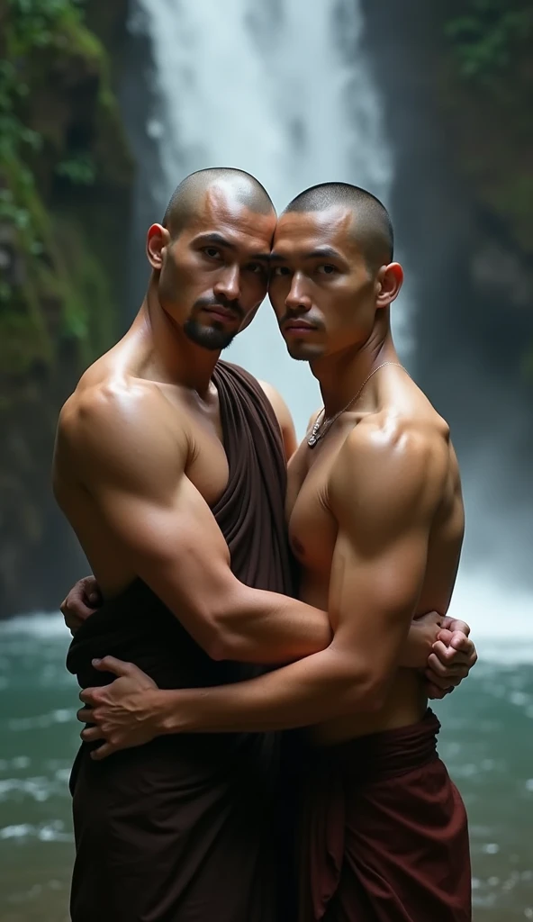 A muscular young Vietnamese monk, Detailed bald head, Tow truck, shirtless 2 คน กอดจูบ หนุ่มร่างthin เปลือย shirtlessคลุม, Buddhism, quiet, Detailed dark brown robe, Take the whole body, Walking posture :: Manly, Look at the camera, (Make eye contact), Manliness posture, Manly deportment, Virtue, masculinity, Manliness, very detailed facial parts, very detailed neck, Manly, Waterfall background, happy expression, professional photos, soft focus, (8ก, raw photos, best quality, Masterpiece:1.2), very detailed, Ultra high resolution, perfect anatomy, ส่วนของร่างกายที่very detailed, Very symmetrical body, Asia, 1, shirtless :: Highly detailed, detailed face, Detailed eyes, Proportionate eyes, very detailed mouth, Leaky abdomen :: very detailed, thin, small waist, realistic, human skin, นิ้วที่very detailed, handsome chad chin, shirtless, I'm a man., human skin, handsome, charming, Highly detailed RAW color photo, depth of field, Front photo, perfect composition, very detailed hands, very detailed fingers