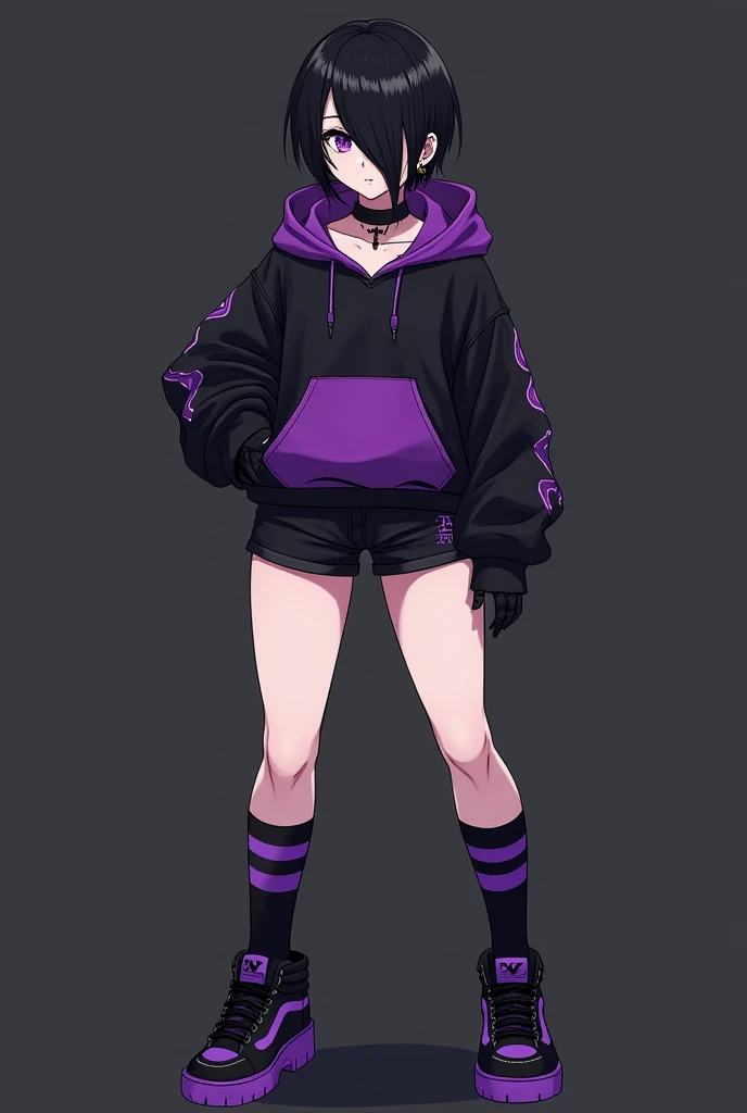 Anime boy big hair falling in the black eye,purples eyes, feminine appearance,black cross earrings, Piercing in the corner of the lip, black choker,black and purple hooded sweatshirt with belly showing, long black gloves,black shorts with a purple stripe on each side short, black band on the thigh,knee-high socks and black and purple Solo sneakers, femboy big ass and thick thighs,black hair