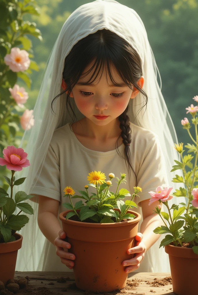 girl planting flowers in a pot with her ghost grandmother behind her make the girl look older