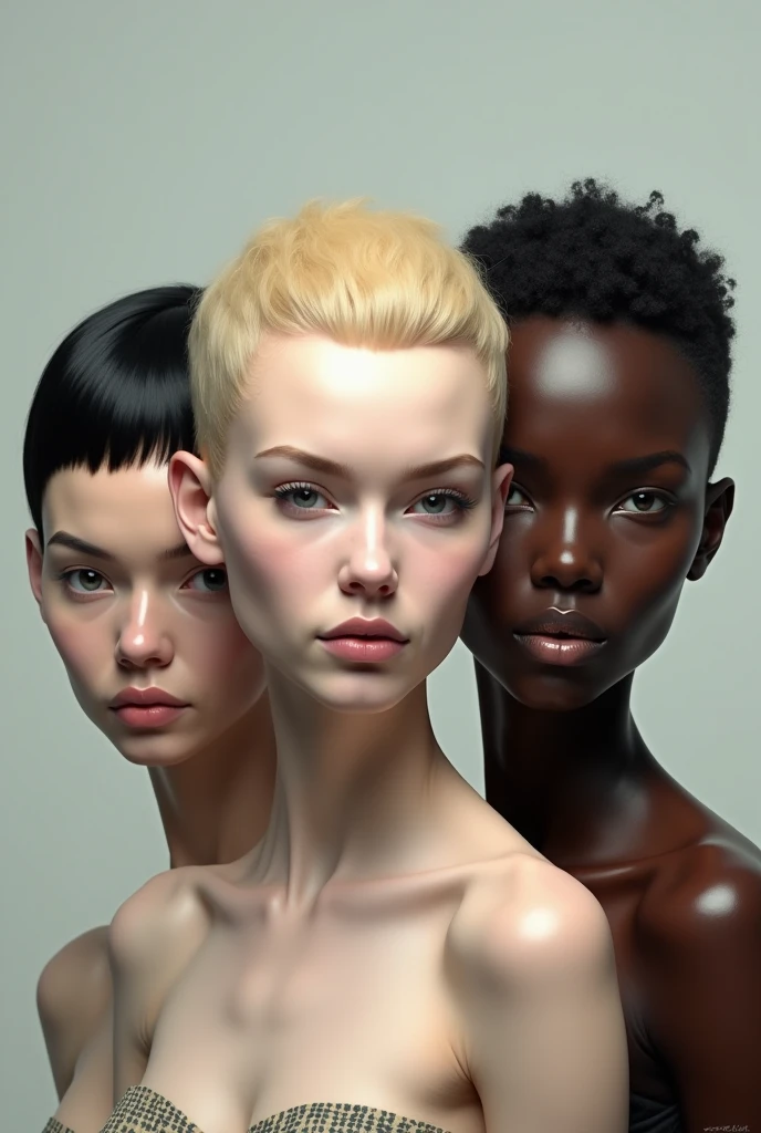 Whites and blacks and yellows women and man, one white with black hair, another white with blonde hair and one black with very short hair, all of them have extremely exaggerated plastic surgery on their faces, Different ages