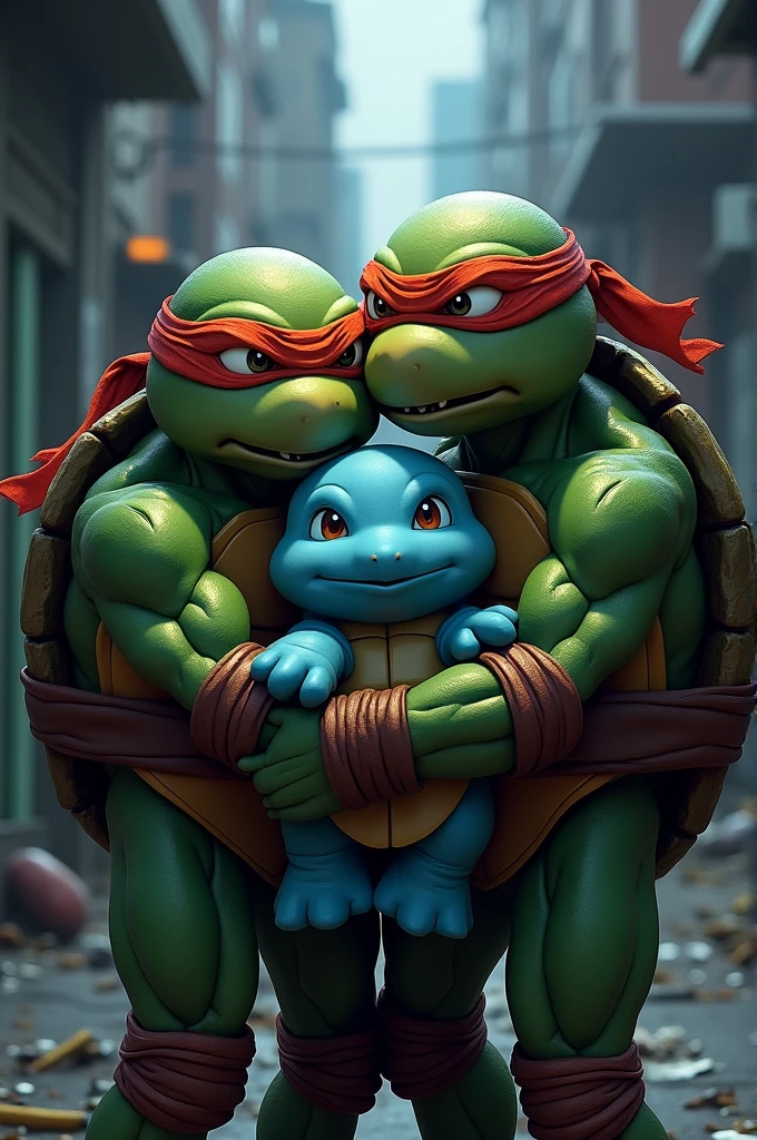 ninja turtles, e no colo de uma delas o pokemon Squirtle