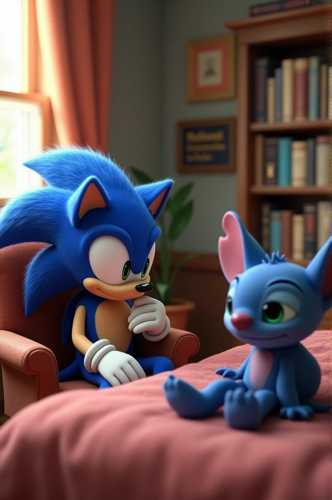 Make a picture of Sonic sitting in a chair and Stitch lying on a bed as if it were a psychology appointment and Sonic was the psychologist