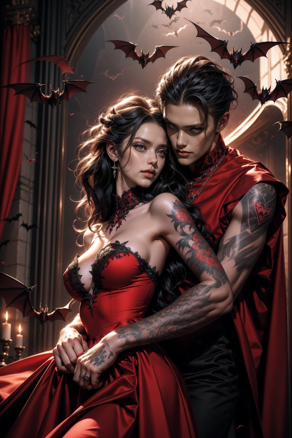 vampire girl, long canines, red outfit, angry smile, hair long black, Short strapless dress, showing most of her large breasts, generous neckline, Bare arms with horror tattoos, sultry posing, bats flying around, Gothic visual, gorgeous face, perfectbody, hug a man
