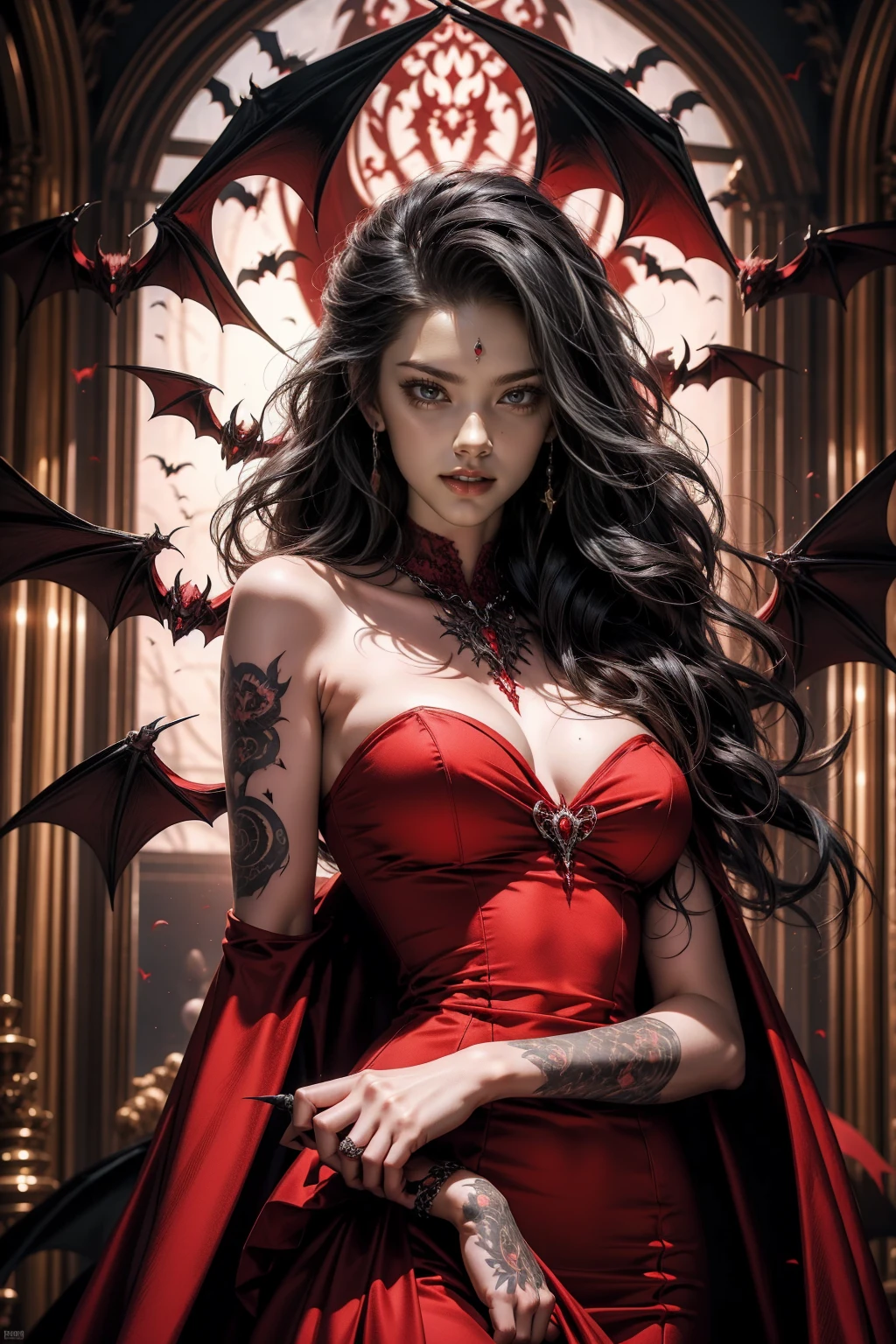 vampire girl, long canines, red outfit, angry smile, hair long black, Short strapless dress, showing most of her large breasts, generous neckline, Bare arms with horror tattoos, sultry posing, bats flying around, Gothic visual, gorgeous face, perfectbody, hug a man