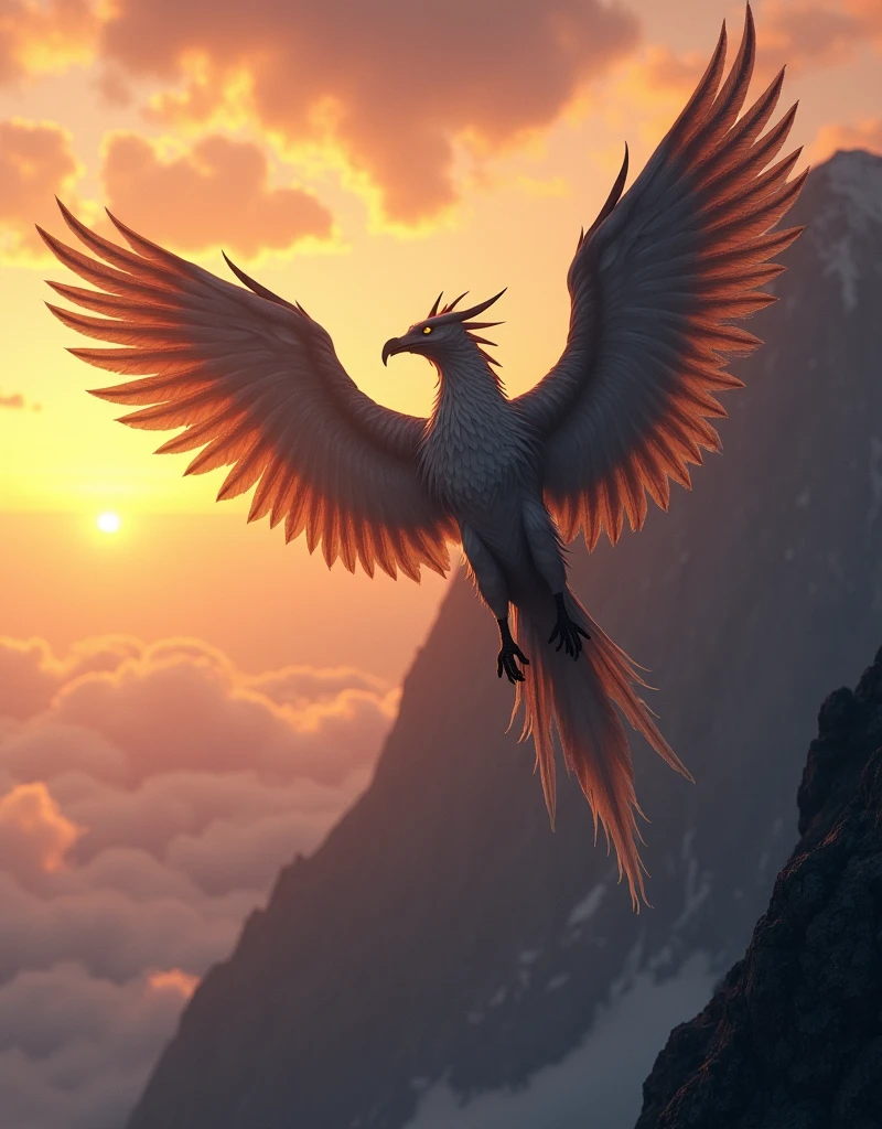griffin, crooked beak, spread wide wings, mountain peak, sunset,