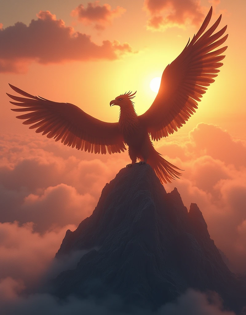 griffin, crooked beak, spread wide wings, mountain peak, sunset,