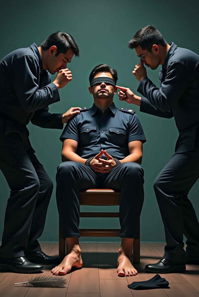 Handsome malay Zarul 22years officer
Helaugh
Focus 5toefeet
Shoeless
Hand Handcuff wooden chair
blindfolded
feather on floor
Pair of Blacksock on floor
2 mafia pinch their nose
Smelly feet
The mafia boss tickle his feet