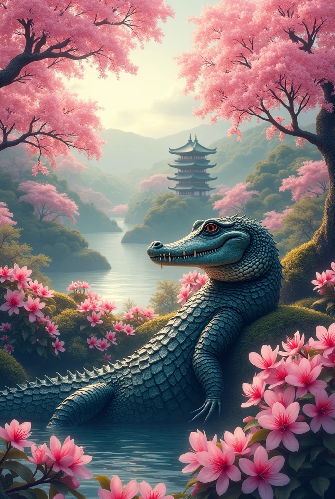 alligator　cherry blossoms　Japanese style　colorful