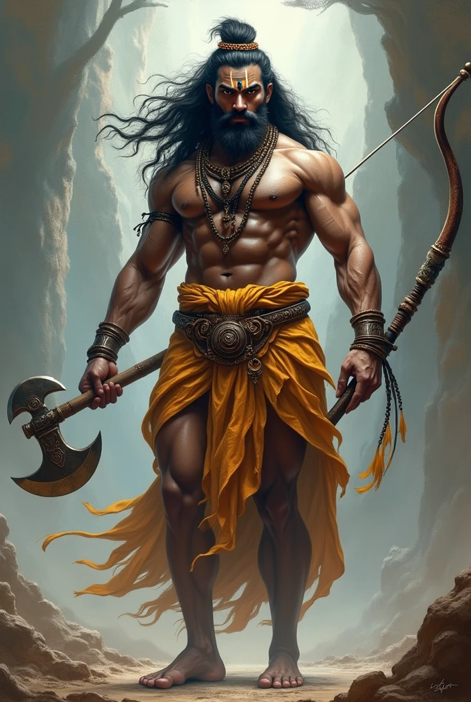 A man with 9 fit height with great musle build 
He is from ancient times. He is a avatar of god. Having two sided axe in one hand and arch in another hand with long hair and beard wearing tiger skin and mardani dhoti having hairstyle like lord shiva and utrasum bead garland in hairs 
Having name parshuram 