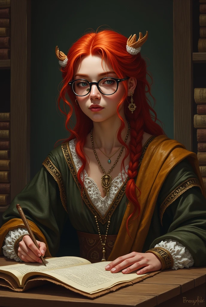 Medieval writer with red hair, round glasses, piercing no septo e cabelo Channel, with indigenous appearance