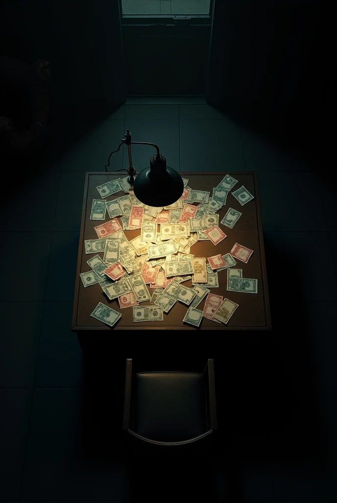 Create an image with a dark environment, a table and a lamp, with many banknotes seen from above