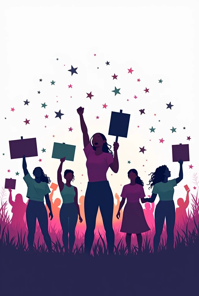 In the center of the image, Place an illustration or graphic that symbolizes the feminist struggle. It could be a stylized image of a group of women of different ethnicities and ages united, holding up signs with empowering messages. Alternatively, You could opt for a powerful silhouette of a woman raising a fist in a sign of strength and resistance., surrounded by decorative elements such as stars, In shades of purple and green with a white background the image 