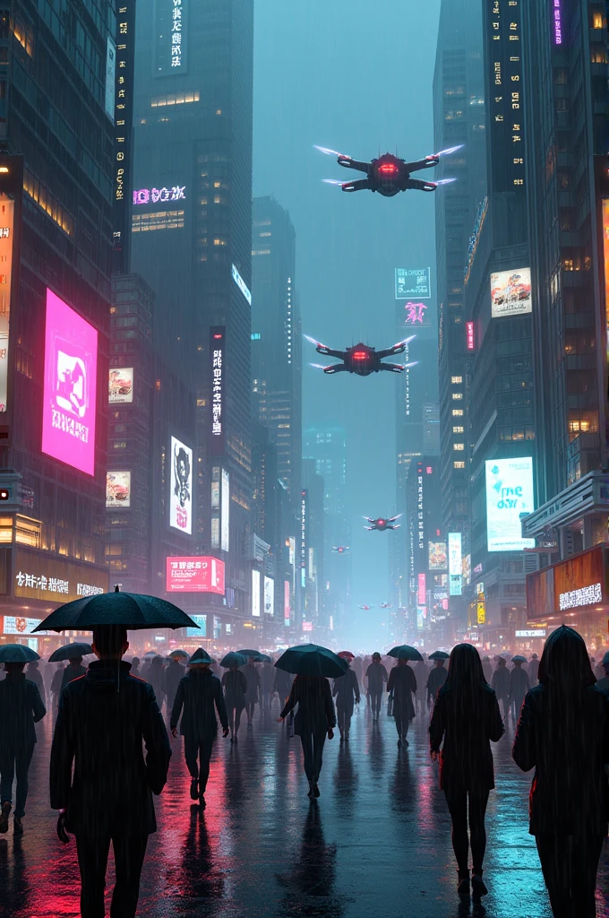 A futuristic cyberpunk city on a rainy night. The buildings are tall and filled with bright neon lights in different colors, with holographic advertisements and giant screens projecting images on the facades. The city is crowded with people walking in the rain, wearing umbrellas and technological clothing, while drones and flying vehicles move between the skyscrapers. The city lights reflect on the wet streets, creating a vibrant and chaotic atmosphere. The overall style is dark and dystopian, with a dense atmosphere saturated with neon colors