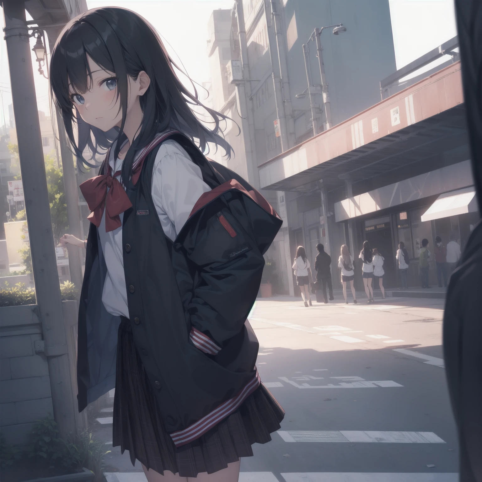ultra-absurdres-Top quality by artist God, ultra-detailed, high resolution, anime moe artstyle, best anime 8k konachan wallpaper, pixiv contest winner, pool:2810, perfect anatomy,break, 1girl, (Please draw a girl walking sleepily to school alone. )break,(Solo,little female,15yo:1.3),Full limbs, ,a junior high school student, (very short hair), short cut, flat chest, , small butt, small black eyes, beautiful detailed eyes, well-proportioned iris and pupils, expressive eyes, highres detailed hair, soft expression, salor school_uniform, sailor collar, serahuku, bow, pleated skirt,(Detailed Lighting), (Detailed background), in the School commute route. break,super detailed skin, Best cinematic lighting powered by famous artist, 8k,beauty illustration,photoshop_(medium),very aesthetic,break,((artist:takeuchi_takashi )), artist:clamp ,artist:carnelian ,artist:kantoku ,