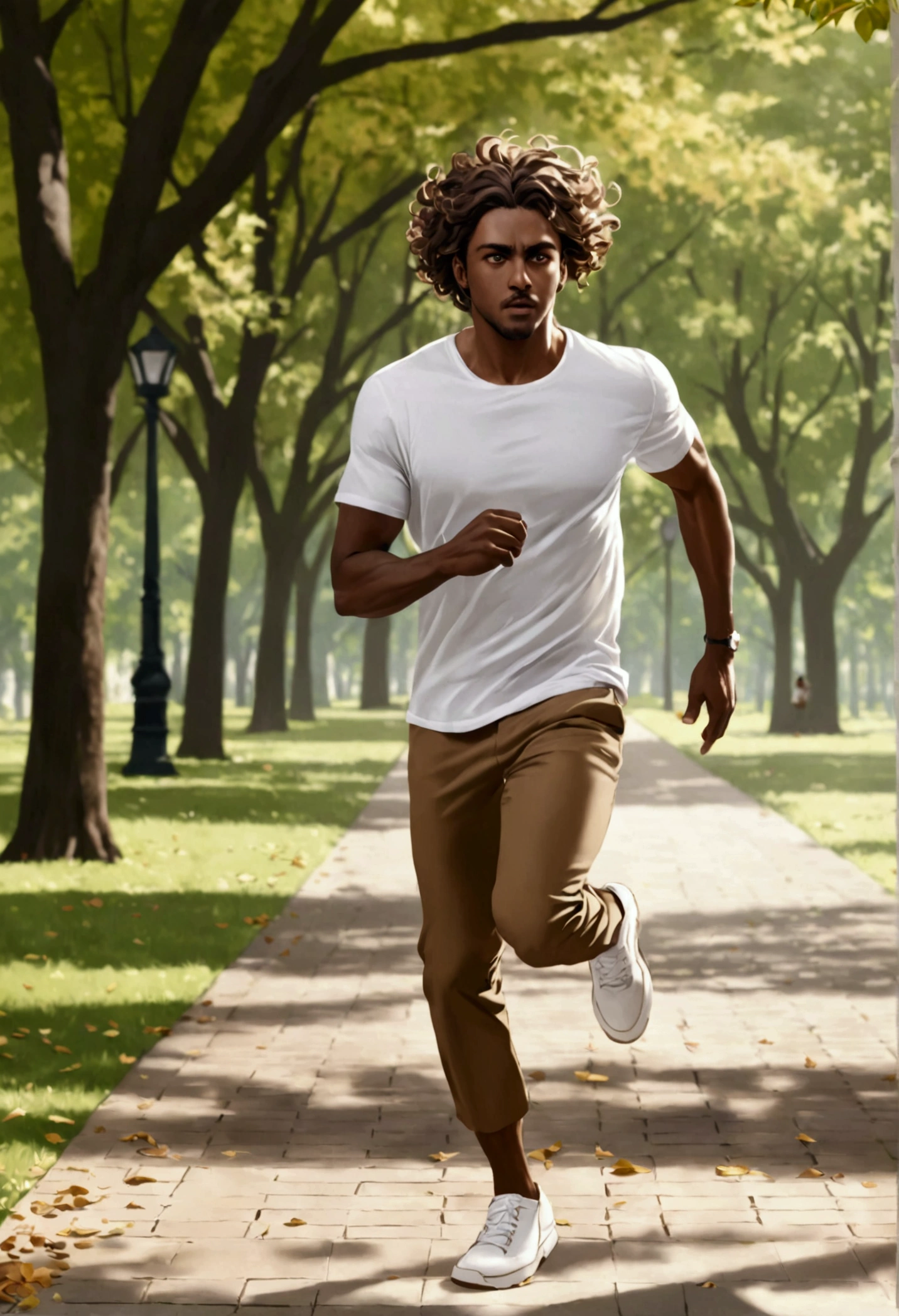 He is a dark-skinned man with wavy hair who is running in a park dressed in a white t-shirt, brown pants, and white and brown shoes.