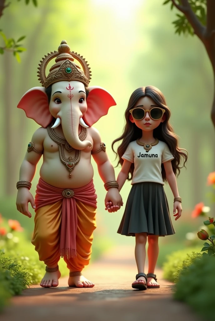 Create a 3D rendered image of a young girl with long, flowing hair, wearing sunglasses and a white T-shirt with the name 'JAMUNA' printed on it and Black skirt. The girl is holding hands and walking with a cute, anthropomorphic version of the Hindu deity Ganesha. Ganesha is depicted with a white, slightly chubby elephant head, adorned with traditional jewelry and a crown. The background is a serene, green, garden-like environment with soft lighting, creating a warm and peaceful atmosphere.