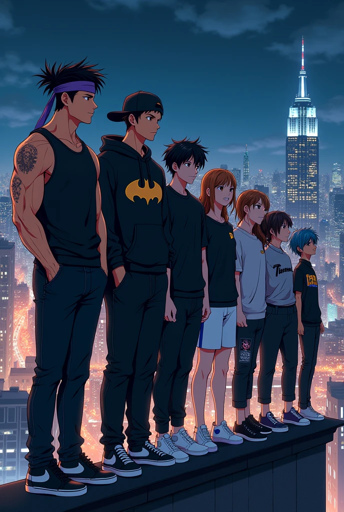 Create an image of 8 anime style friends, in the background there is a city and it is night in the city, New York style, and they are side by side on top of a building looking at the view. The first friend, he is wearing a black tank top and his arms have veins, he wears baggy black jeans, it is white in tone. he has black hair and he has a purple headband tied around his head, he has a confident face, but without smiling. Ele está com um com tennis totalmente preto. He is tall. The second friend, is wearing a sweatshirt and black pants, and shoes too, is wearing a black hat. And his mouth has a slight smile. and his eyes shine white. your hair is black. He has a white belt around his waist. He is tall. Your skin tone is black. The third friend, is wearing jeans and a Batman symbol sweatshirt. e um tennis preto também. your hair is black, and your skin tone is dark. He is tall. The fourth friend, está com um tennis branco está usando uma calça jeans preta, and a turtleneck shirt, ele tem o cabelo castanho e esta sorridente e Her skin tone is fair. He is tall. The fifth friend, is wearing baggy black pants, e um tennis branco, Her skin tone is fair, his shirt is gray and his hair is light brown, e He is tall. The sixth friend, is wearing all white clothes, tennis, shirt and pants, and your hair is white too, he has light skin tone. He is tall. The seventh friend, is wearing a Flamengo shirt (Brazilian soccer team) o your hair is black e usa uma calça social, and your skin tone is dark. and has tattoos on his arms, e He is tall. The eighth friend, is wearing a black shirt, um short/ben 10 shorts, and he is barefoot, your hair is blue. They are all the same size.