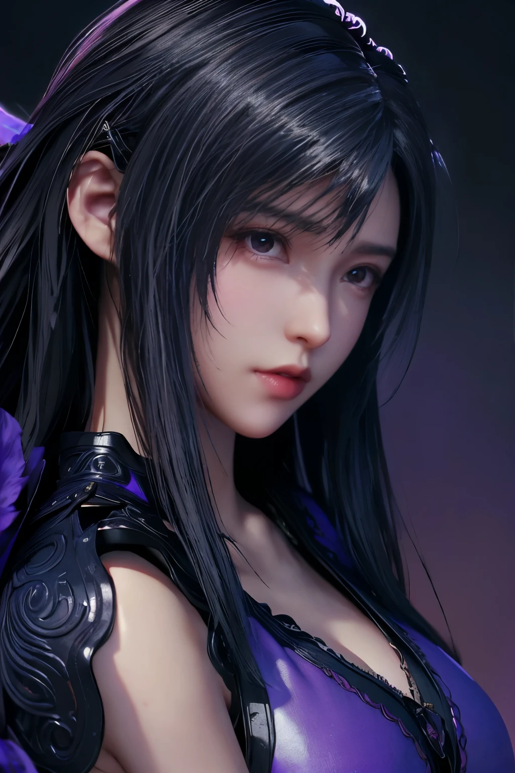 masterpiece,The best quality at its best,High resolution,8k,((Portraiture)),(Head close-up),Original photo,Actual photo,Digital photography,(Medieval fantasy female adventurer),(Female adventurers of the Middle Ages),2 female,(Ink blue gradation in hair),長いpurple髪,Red eyes,(Purple and gray gradient long hair,purple),(Big Breasts),Lavish décor,Lips parted,Make your lips look more attractive and glamorous,((Frowning)),serious and arrogant,calm and handsome,(Fantastic style medieval leather,joint armor,Cape,Animal skin armor,coat),Photo pose,medieval character medieval fantasy style,Night city background,oc rendering reflection texture