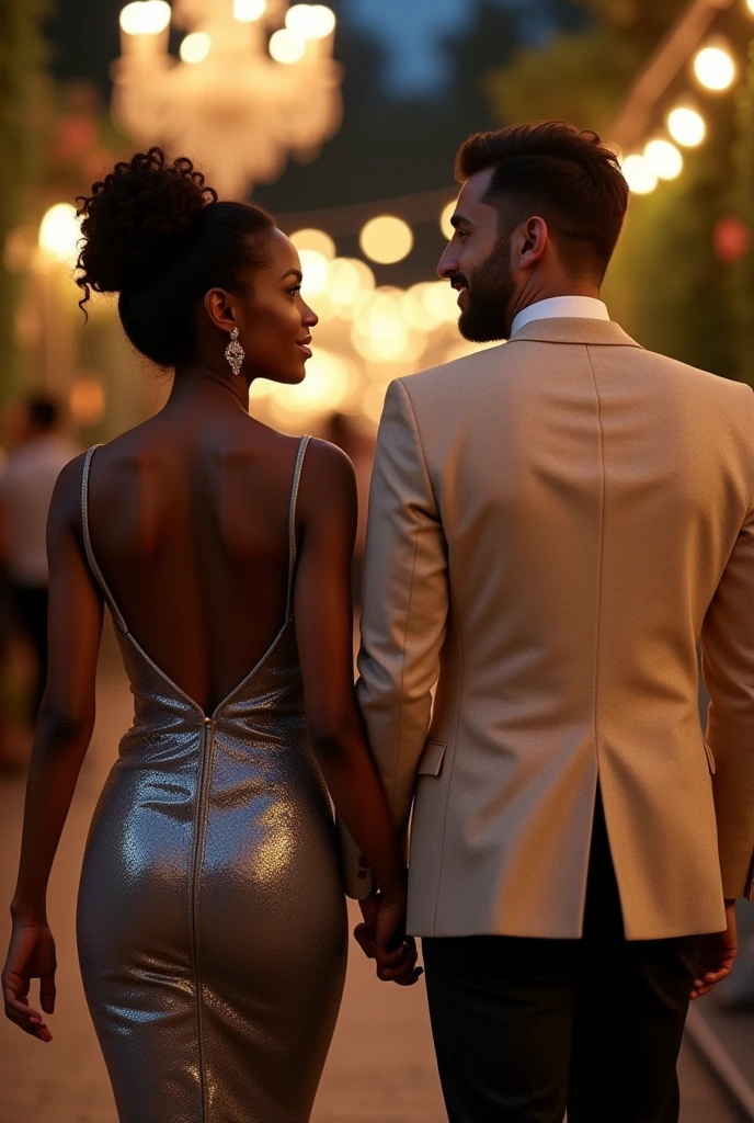 A couple holding hands walking into a party, she black, hair tied up elegantly and a beautiful gray shiny dress. He is wearing a light beige silk blazer, with textures.