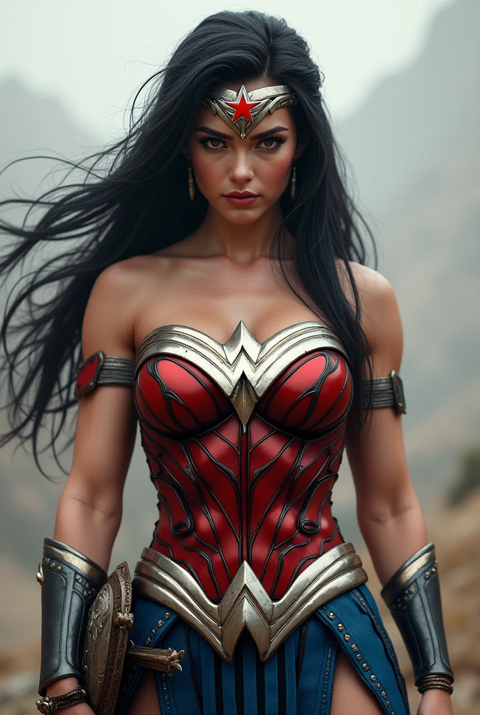 (((Wonder Woman samurai headband in silver colored metal with a red star on her forehead)))