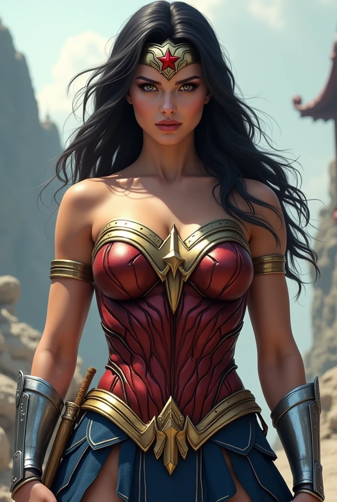 (((Wonder Woman samurai headband in silver colored metal with a red star on her forehead)))