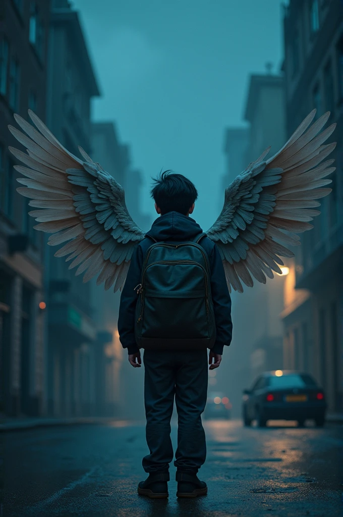 Image of a boy with wings on his back, an 1 boy without his face visible and buildings visible , Make it more adult and make the photo at night and have black hair, Make it higher and make the photo darker, make the boy taller in height, Take off the backpack, the boy is a 2 young man