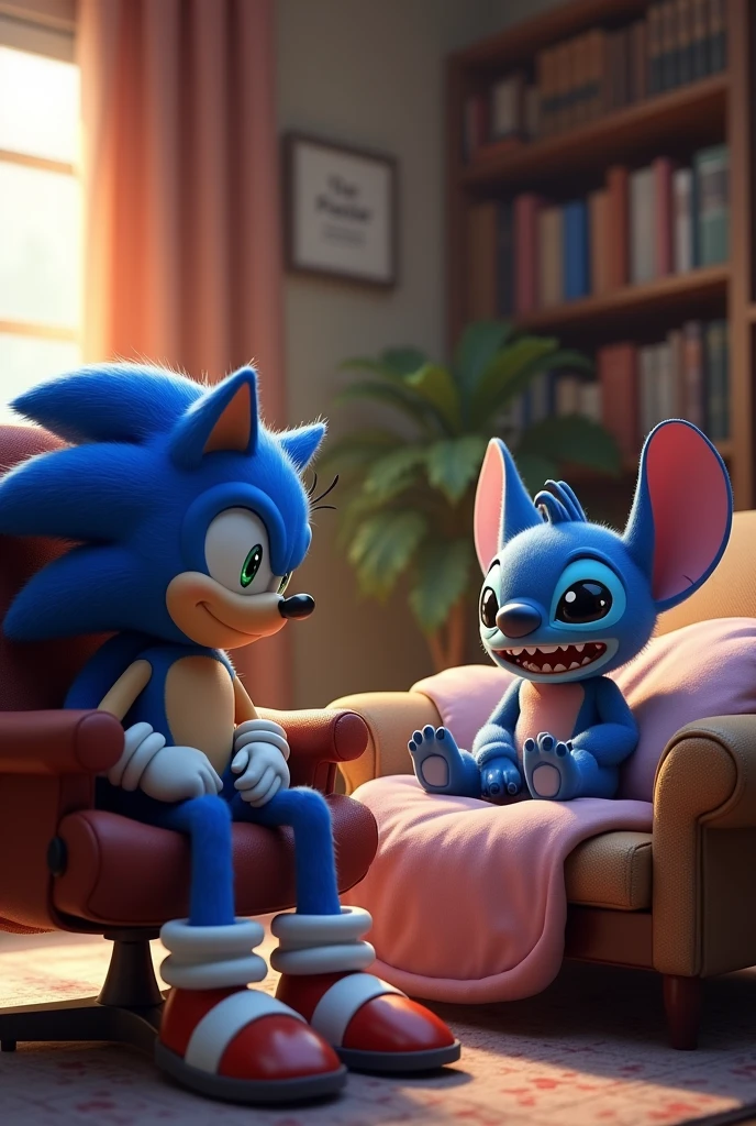 Make a picture of Sonic sitting in a chair and Stitch lying on a bed as if it were a psychology appointment and Sonic was the psychologist