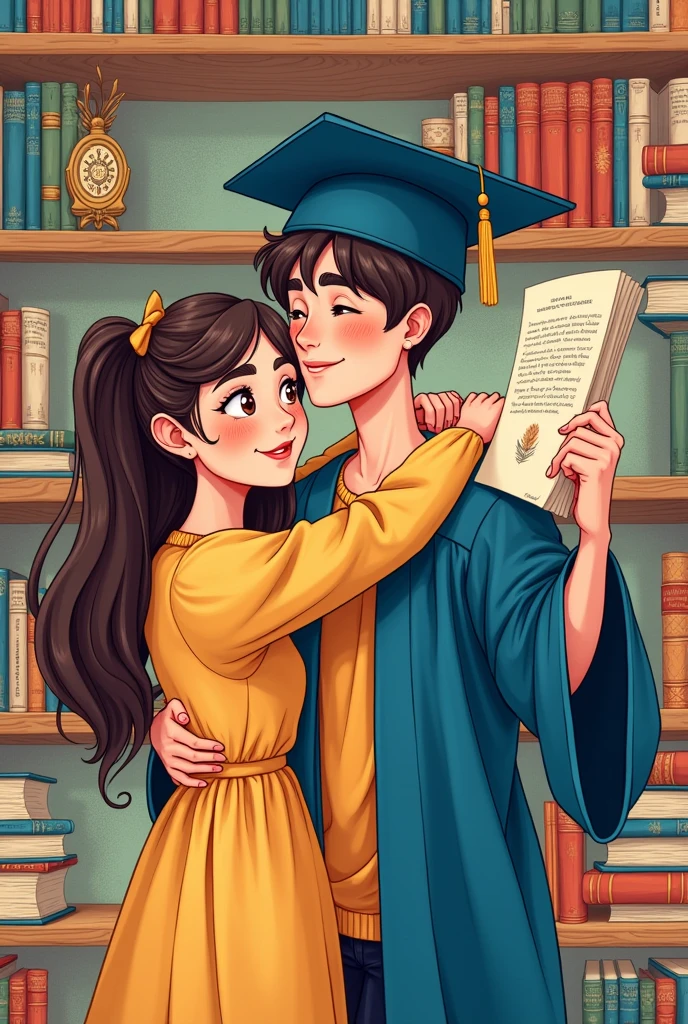 Cartoon of a girl hugging a young man in graduation attire raising his hand and holding his graduation certificate. High-detailed drawing of lines and illustrated books.