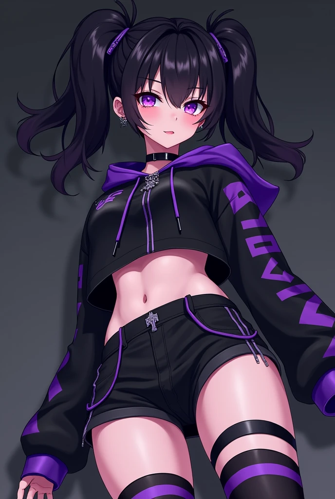 Anime boy big hair falling in the black eye,purples eyes, feminine appearance,black cross earrings, Piercing in the corner of the lip, black choker,black and purple hooded sweatshirt with belly showing, long black gloves,black shorts with a purple stripe on each side short, black band on the thigh,knee-high socks and black and purple Solo sneakers, femboy big ass and thick thighs black hair 