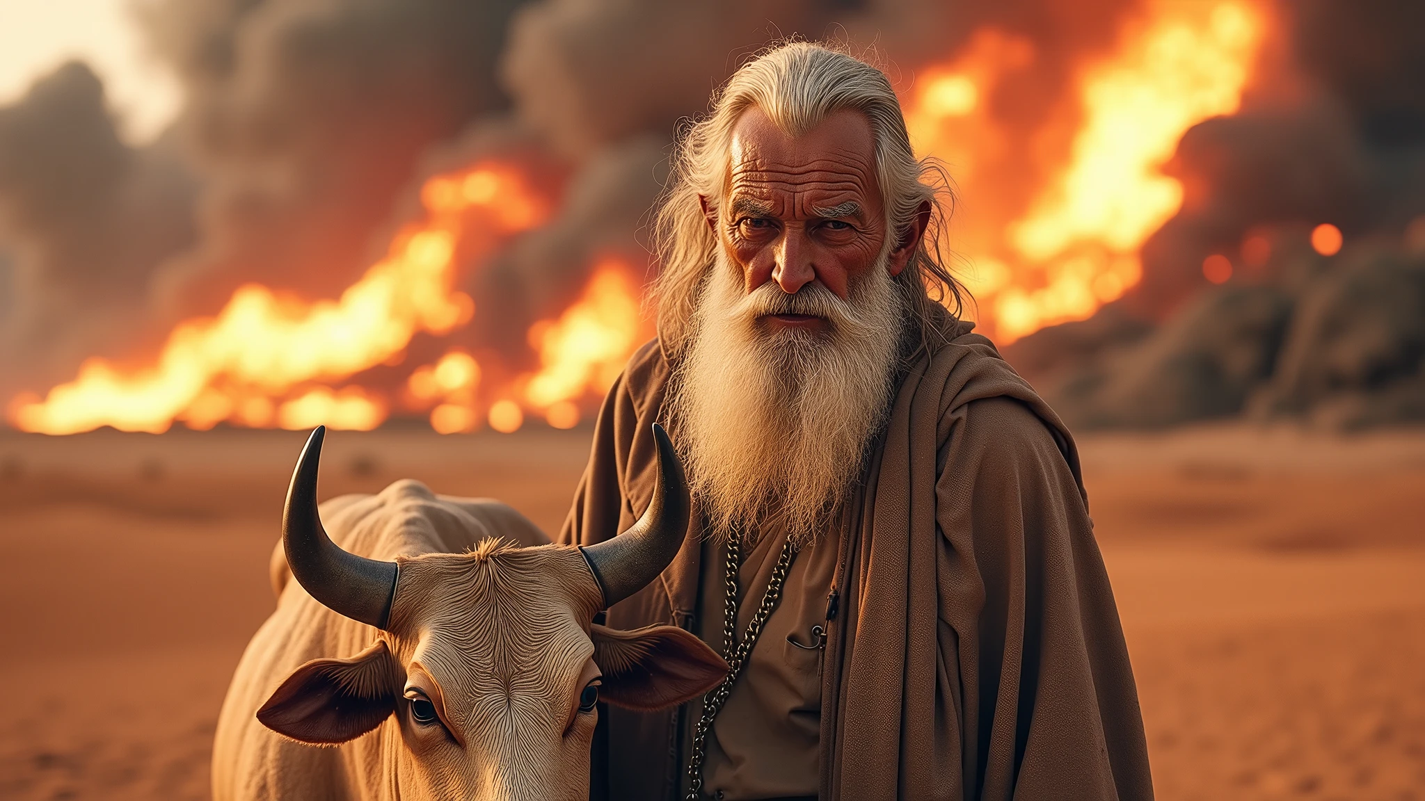 face of old hebrew man, with a cow beside, in the burning desert catching fire, 4k image, cinematic and realistic image
